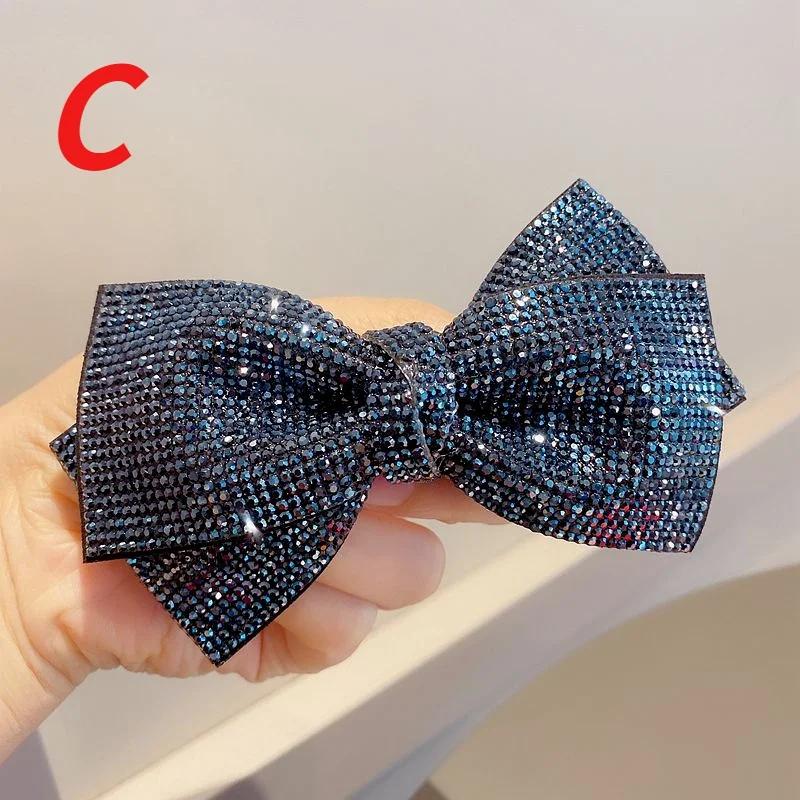 Shiny Rhinestone Double Layered Bow Hair Clip with Spring Clip for Women's Elegant Sexy Headwear Fashionable Girl Hair Accessory
