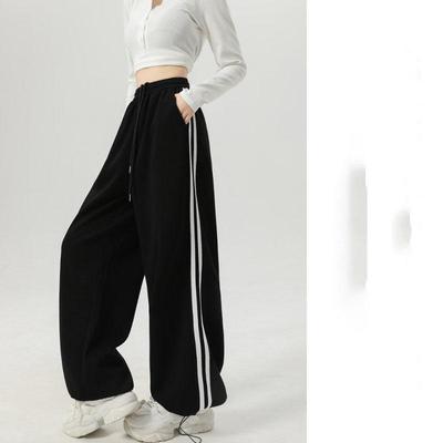 Damen Streifen Schick Gerade Hose Herbst Frühling Retro Sport Jogginghose Hohe Taille Farbblock Hosen Dame Lässig Streetwear