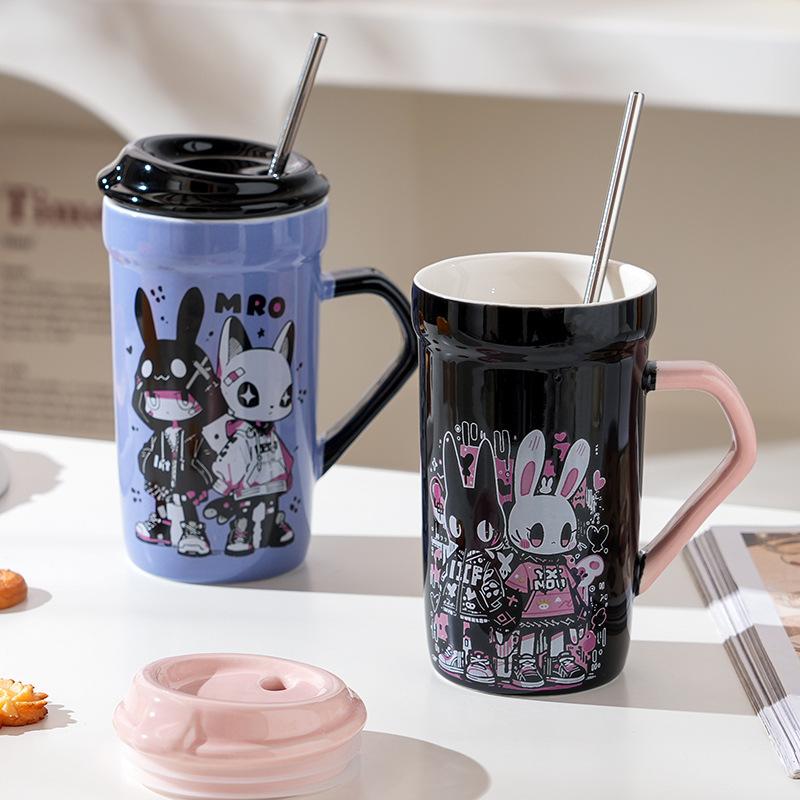 Cool Little Rabbit with Lid Spoon Ceramic Cup Cute High Value Mug Creative Personality Water Cup Girls Gift Cup