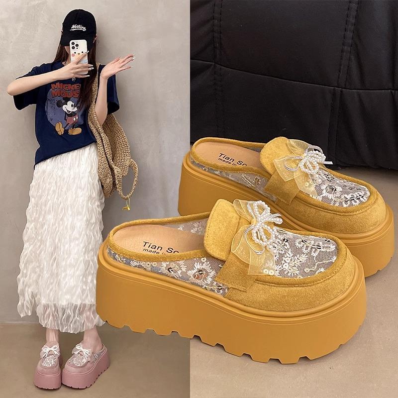 Bow pearl thick-bottomed bag head half slippers women's summer wear 2025 new small height-increasing mesh cool slippers