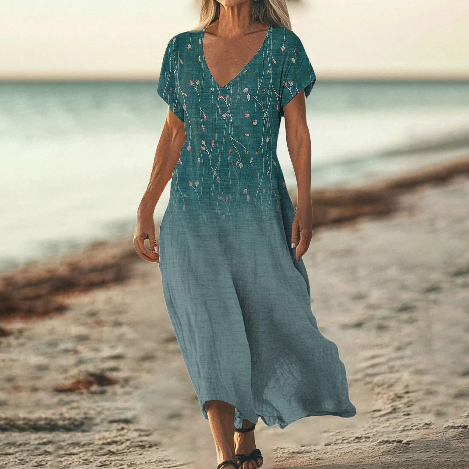 

Женские летние свободные пляжные платья с V-образным вырезом и коротким рукавом из хлопка и льна с градиентным принтом XL