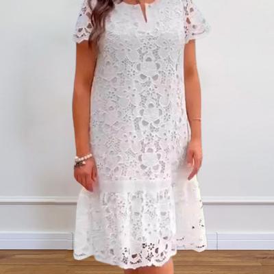 Summer Dress Hollow Lace Short Sleeve Pure Color Loose A-line Vintage Elegant Style