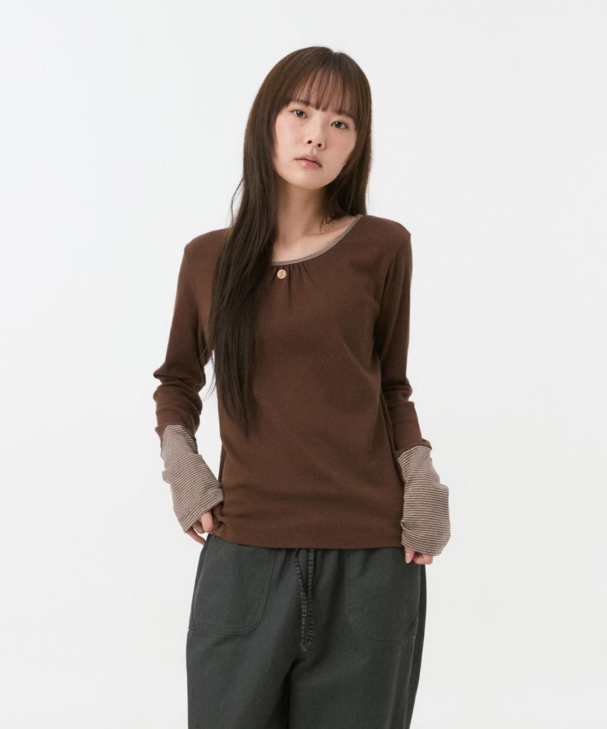 OHESHIO Shirring Color Block Long Sleeve, Brown