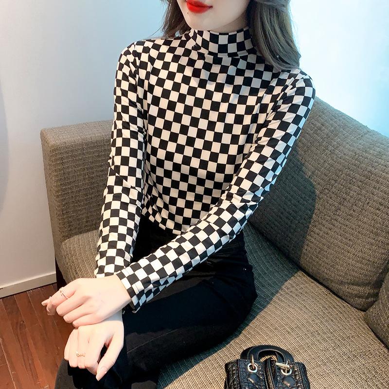 Høst Svart og Hvitt Rutete Slim og Tynn Base Skjorte for Høst Ny Stil Innside og Utside T-skjorte