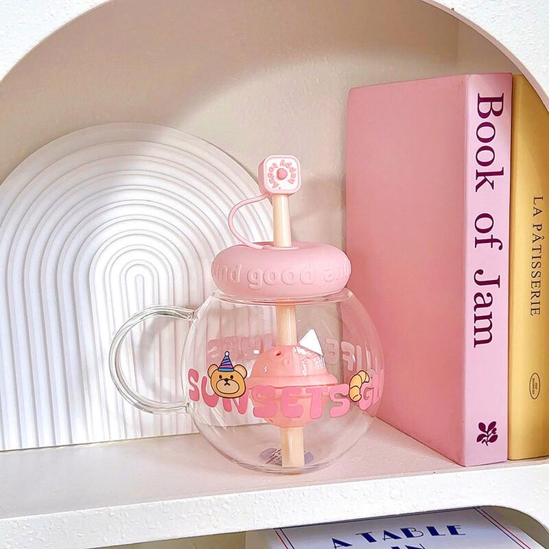 Cute High-Capacity Glass Straw Cup with Filter