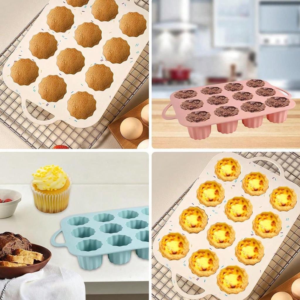 Leeseph Silicone Muffin Pan Cupcake Pan Molds, 12 Cups Non-stick Baking Molds with Handle for Making Muffin Cakes Cupcakes Tart