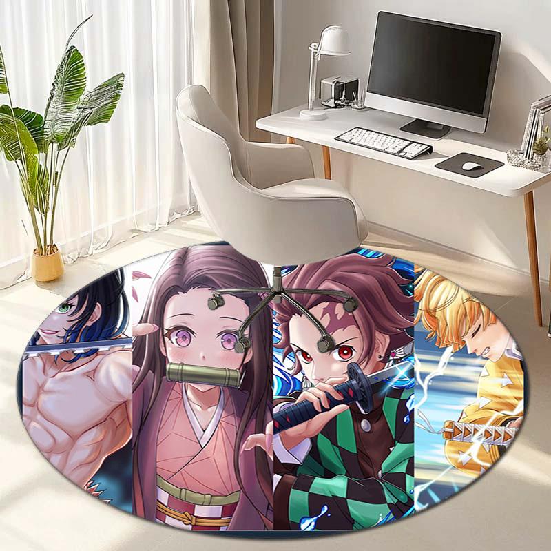 Classic Japanese-style Cartoon Demon Slayer Round Rug, Home Soft Decorative Anti-slip Yoga Mat and Chair Mat, Outdoor Floor Mat Carpet K23