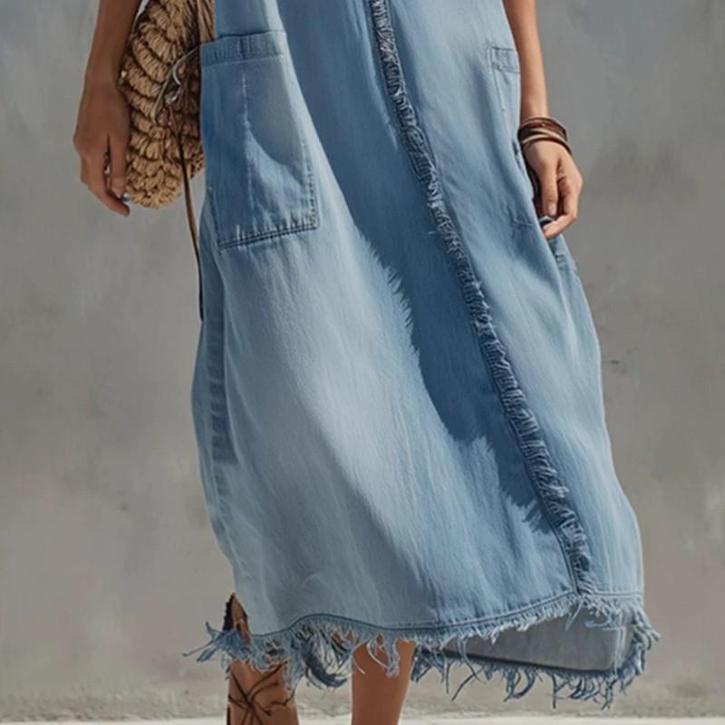 Minimalist Lightweight Light Blue Denim Maxi Dress V-Neck Sleeveless Loose Fit 2026