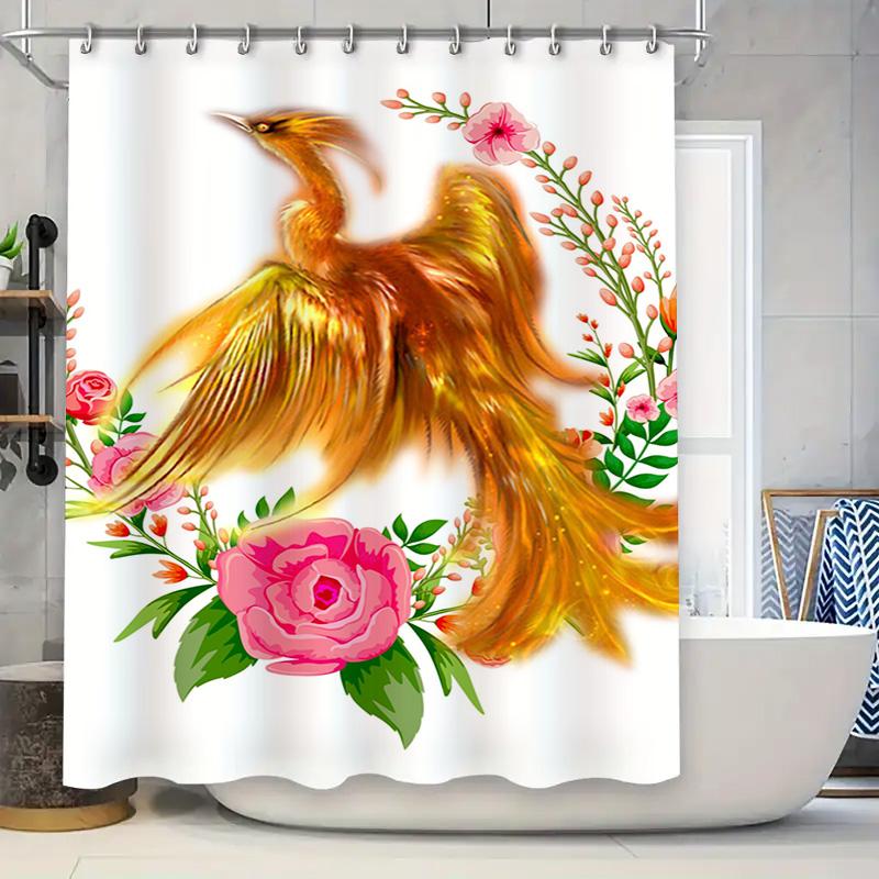 

Luxury Golden Phoenix Shower Curtain With Pink Flowers: Modern Bathroom Decor Waterproof Home Textile Available In Multiple Size W60H190(CM)-1 Pcs
