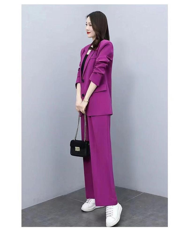 Dam Slim Långärmad Kostymjacka & Vida Ben Byxor: Professionell drottningsstil, perfekt för vår och höst.