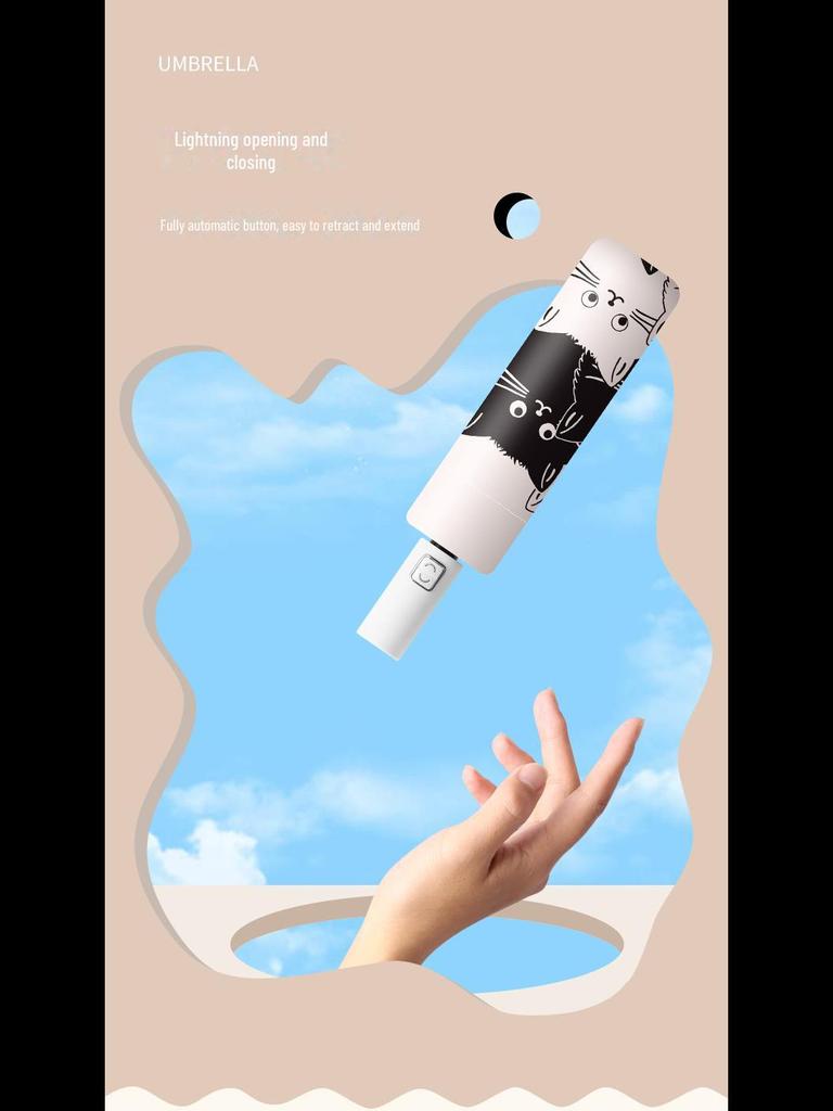 8-ribbers automatisk katteparaply: Svart og hvit vinyl med søtt tegneseriemønster for solfylte og regnværsdager