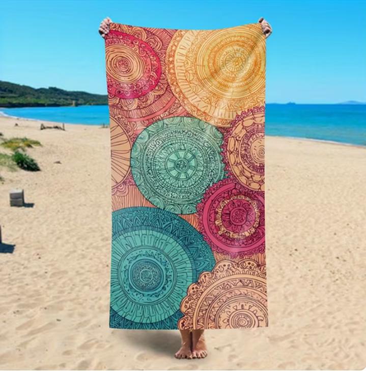 Oversized Microfiber Beach Towel, Boho Mandala Floral Print, Quick Dry Sand Resistant, for Summer Beach Pool Vacation