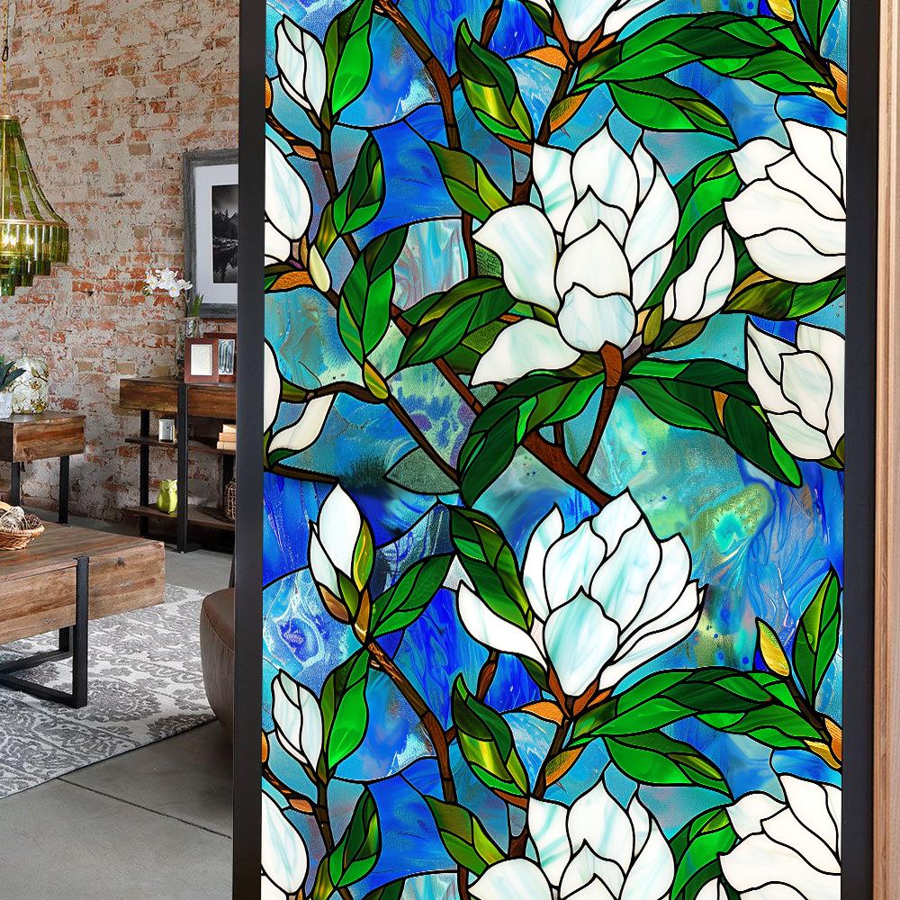 Colorful Retro Floral & Bird Static Cling Window Film - No Glue, Removable