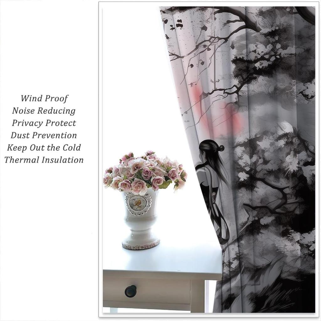Japanese Animation Rod Pocket Blackout Curtains For Boy Girl Bedroom, Black White Ink Abstract Art Thermal Insulated Home Window