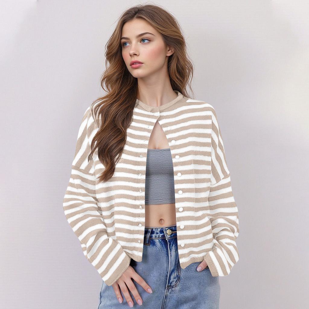 Womens Striped Cardigan Casual Long Sleeve Open Front Button Down Loose Knit