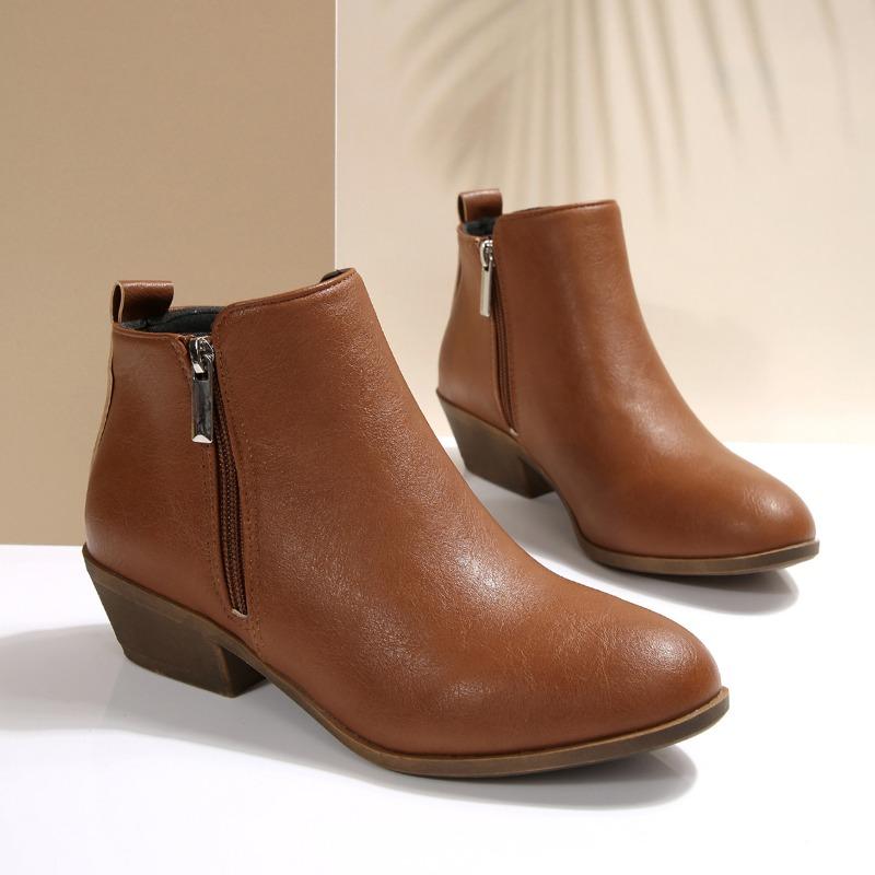 Fashion Women's Fashion Block Heel Booties Fall New Round Toe Side Zipper Soft Slip Single Boots