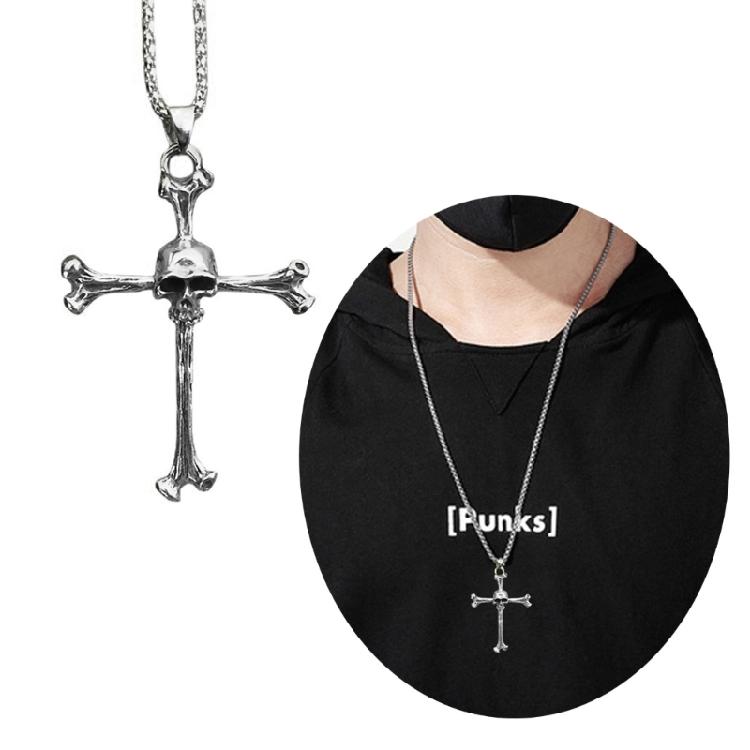Men's Skull Pendant Necklace Personality Unique Design Cross Punk Choker Chain