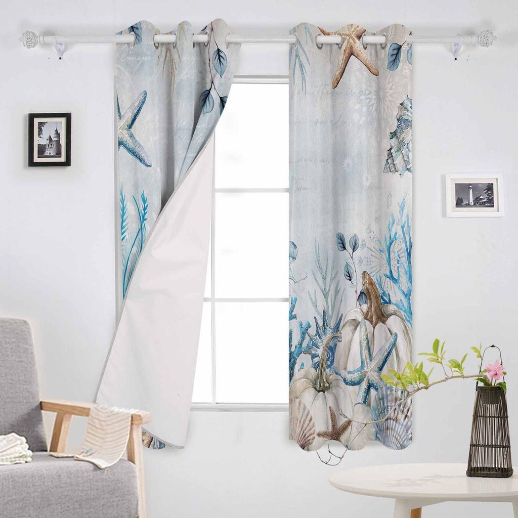 Thanksgiving Kürbis Seestern Muschel Koralle Vintage Verdunkelungsvorhänge für Wohnzimmer Schlafzimmer Fensterdekoration Vorhänge Heimdeko