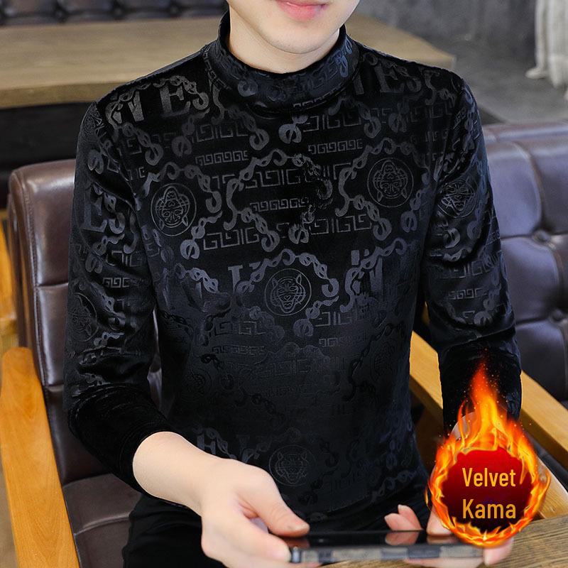 Ανδρικό μοντέρνο χρυσό βελούδινο μπλουζάκι με μακρυμάνικο μεσολαιμό - Παχύ, ζεστό, φθινοπωρινό/χειμωνιάτικο μπλουζάκι με μισό ψηλό γιακά