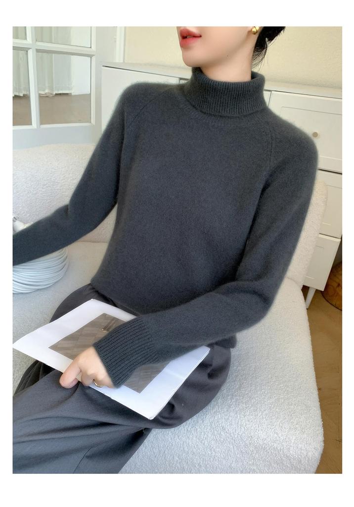 Women's High Neck Cashmere Sweater - Thick Raglan Sleeve, Loose Fit, Autumn/Winter Knit Base Layer