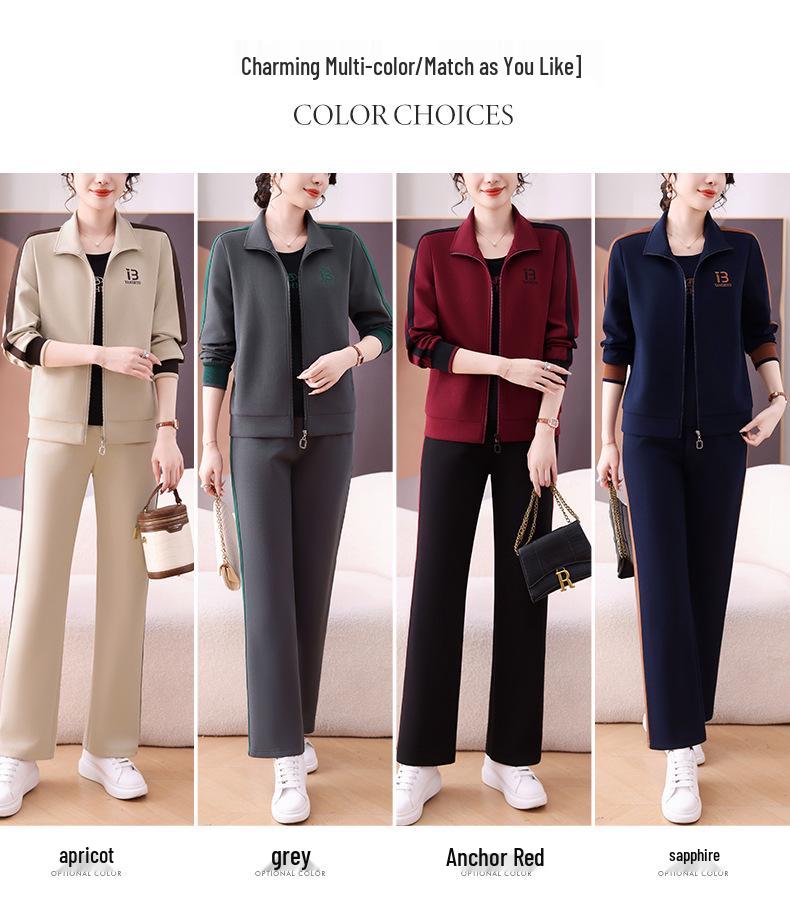 Mom's 2025 Spring/Autumn Women's Tracksuit: Stylish Age-Defying Three-Piece Running Set