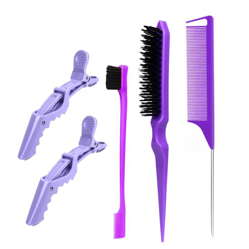 

5 шт./набор Красота-здоровье Набор Нейлоновая расческа для начеса Расческа с хвостиком Двусторонняя щетка для краевой линии Зажимы для волос Аллигатор Инструменты для салонной укладки фиолетовый
