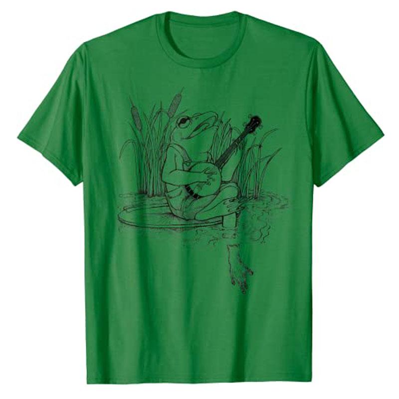Cottagecore Aesthetic Frog Playing Banjo Cute TShirt Women Unisex Music Lover Clothing Humor Funny Comic Cartoon Graphic Tee Tops