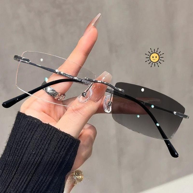 Ultra Light Frameless Color Changing Myopia Glasses for Women Men Temperament Anti Blue Light Photochromic Near Sight Eyeglasses