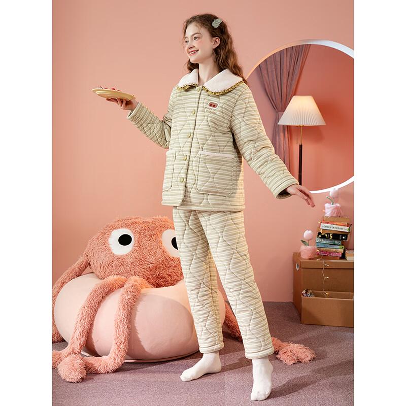 Fenteng Damen Verdicktes Dreilagiges Gestepptes Pyjama-Set