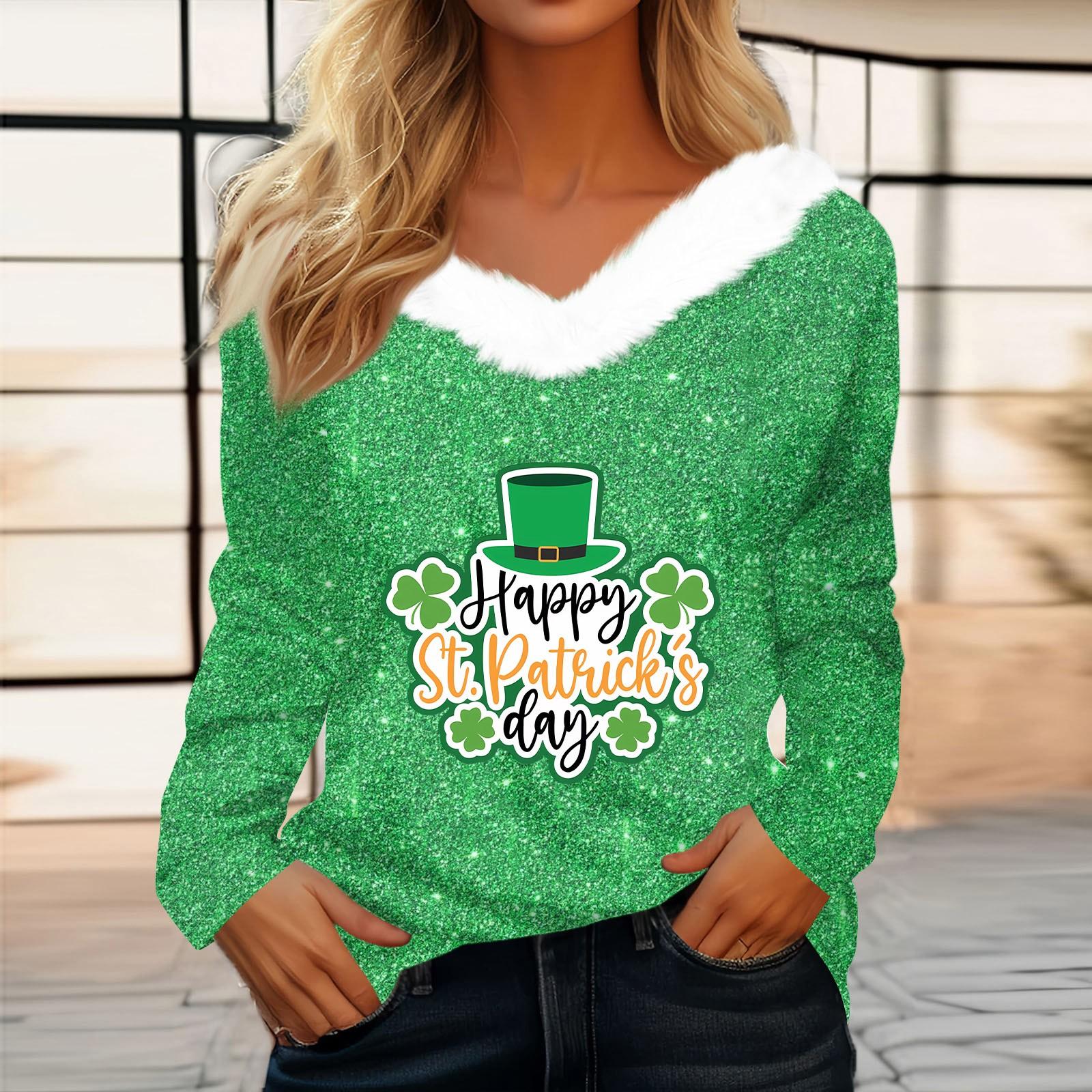 

Женская футболка St. Рубашка с принтом Патрика, длинный рукав, праздничная атмосфера, флисовый воротник, топ с V-образным вырезом XL