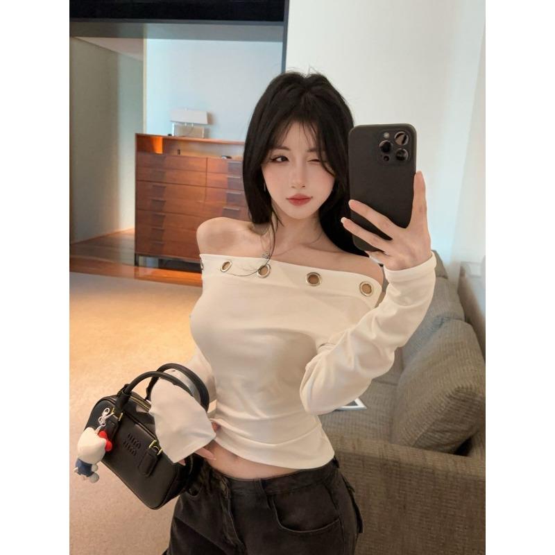Sexy Rivet Off Shoulder Long Sleeve Fitted T Shirt For Women