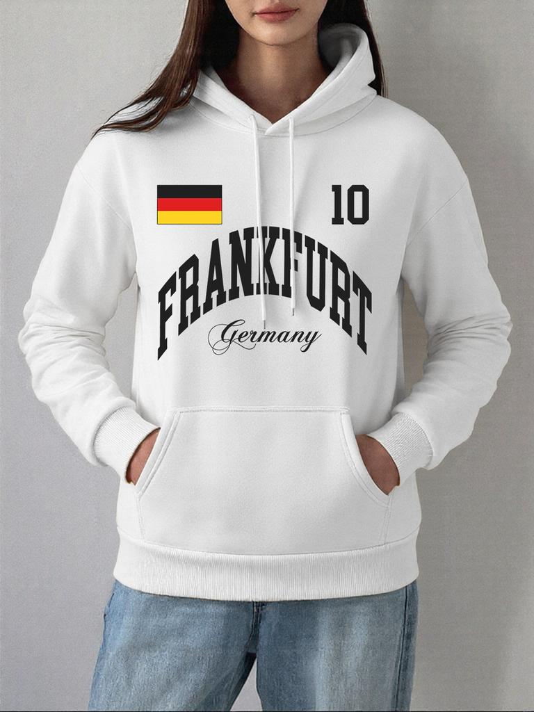 Frankfurt Deutschland Flagge Druck Hoodies Damen Bequeme Lockere Pullover Fleece Warm Weiche Sweatshirts Lässige Taschen Kleidung