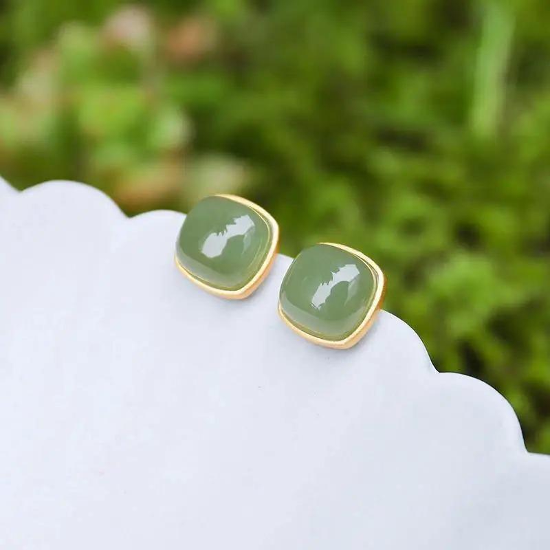 New In  Inlaid Natural Hetian Jasper Cold Classic Retro Square Earings Stud Chinese Palace Style Earrings For Women