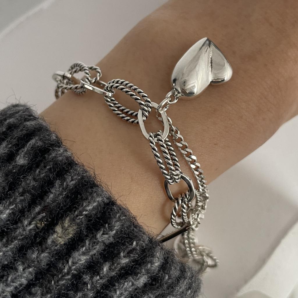 100% Solid 925 Silver Metal Bracelet for Women Vintage Handmade Simple Retro Heart Chain Bracelet Birthday Gift Party
