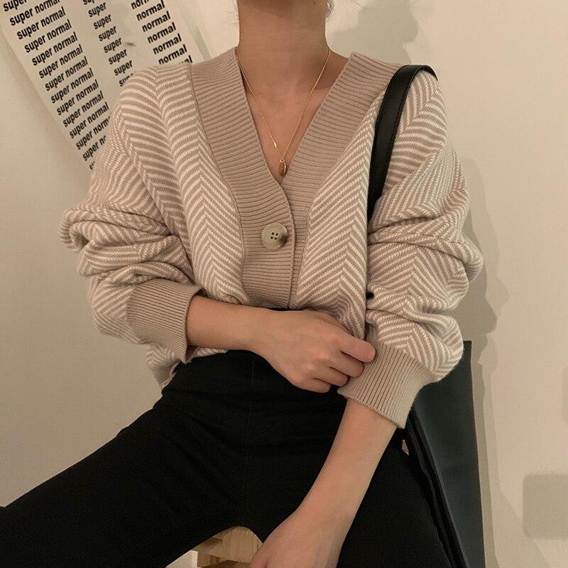 Pruhované pletené vesty Svetr Ženy Vintage kabát s dlouhým rukávem Móda Streetwear Volné Dámské topy