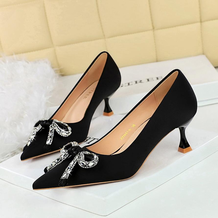 Water Diamond Bow Pointed, Thin Heel, Silk Heel, Single Shoe, Wine Glass Heel, Women's Single Shoe