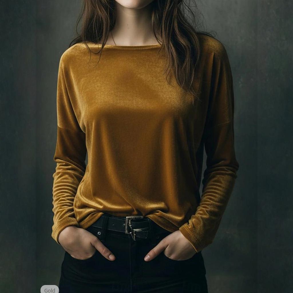 Women's Fashion Velvet Round Neck Long Sleeve Loose Pullover Top