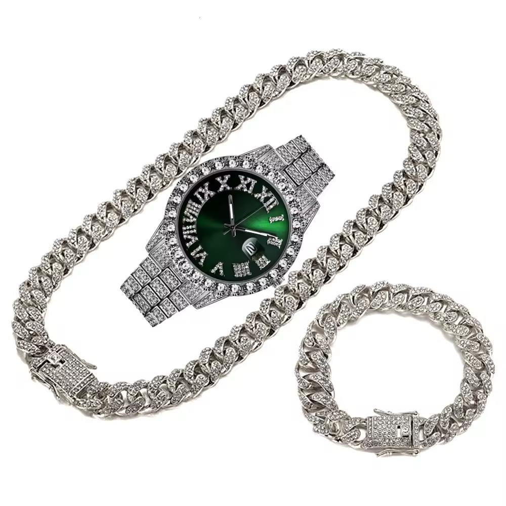 Bling Fully Iced Out Quartz Watch Necklace Bracelet Set Silver Gold Plated 13mm Chain Diamond Pointer Dial Men's