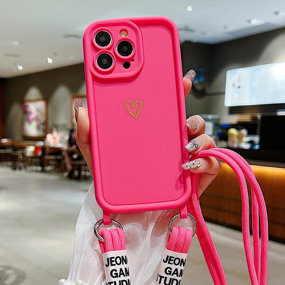 Cute Heart Crossbody Lanyard Liquid Silicone Soft Case For iPhone 17 16 15 Pro Max 14 13 12 11 XR 8 Plus Necklace Strap Cover