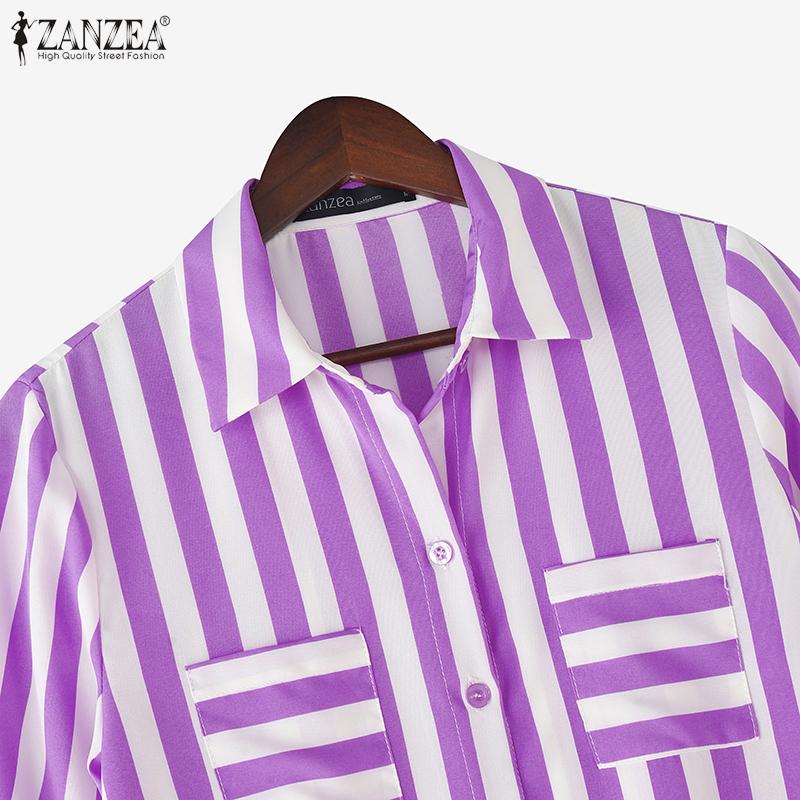 ZANZEA Women Turn Down Collar Summer Loose Casual 3/4 Sleeve Stripe Blouse