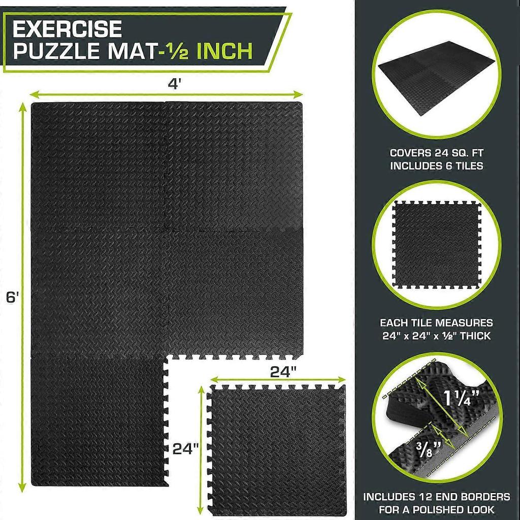 ProsourceFit Puzzle Exercise Mat in, EVA Interlocking Foam Floor Tiles for Home Gym, Mat for Home Workout Equipment, Floor Padding for Kids, Black, 2