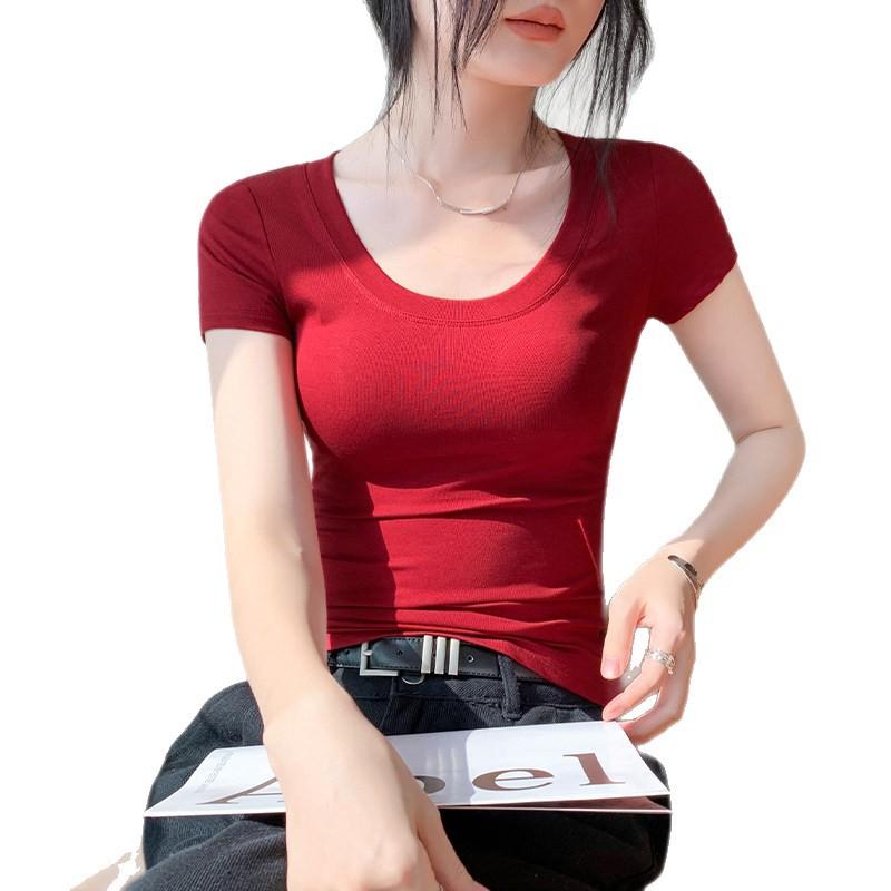 U-neck cotton short-sleeved T-shirt women's summer new solid color slim-fitting and thin shoulder low-neck top