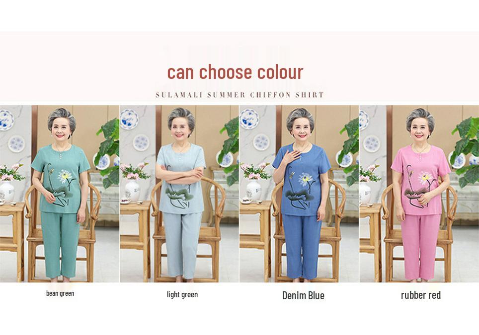 Plus Size Cotton Linen Two-Piece Set for Middle-Aged & Elderly Women: Short Sleeve, All-Cotton Silk Blend