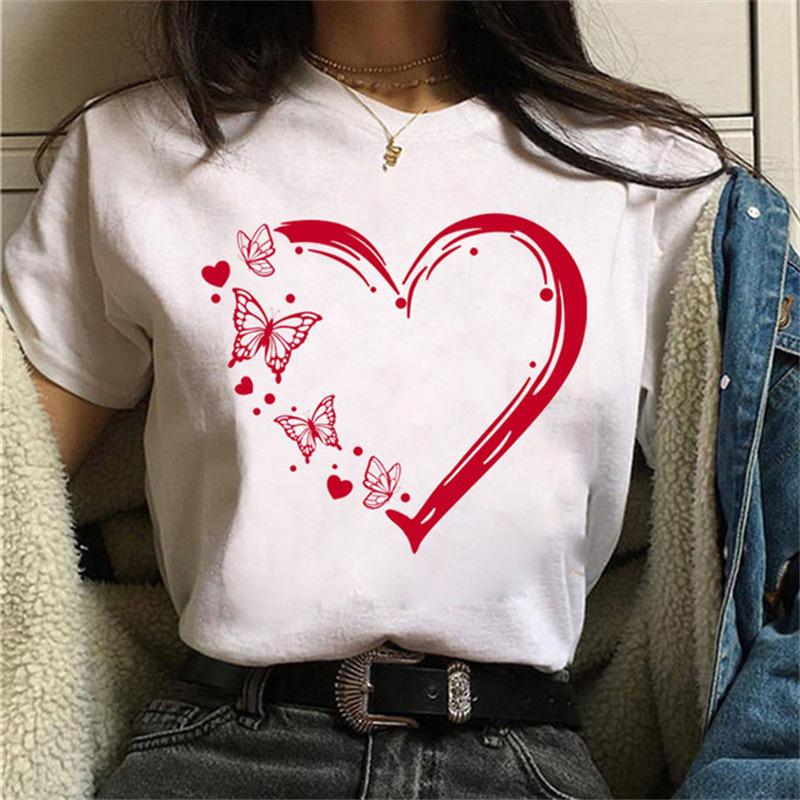 Women Short Sleeve T-shirt Butterfly Love Heart Print - Casual Graphic Tee