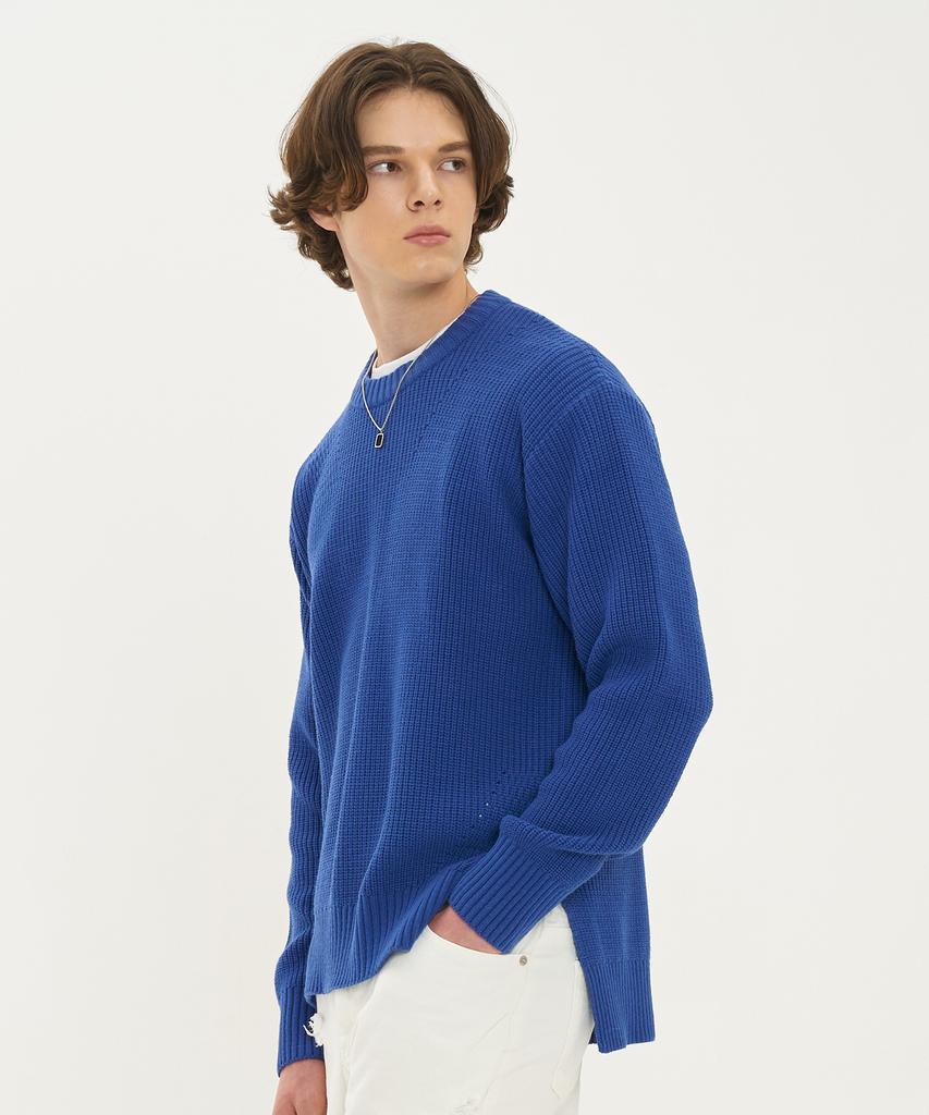 BLOND9 Asymmetrical Wool Crew Neck Pullover_Cobalt Blue