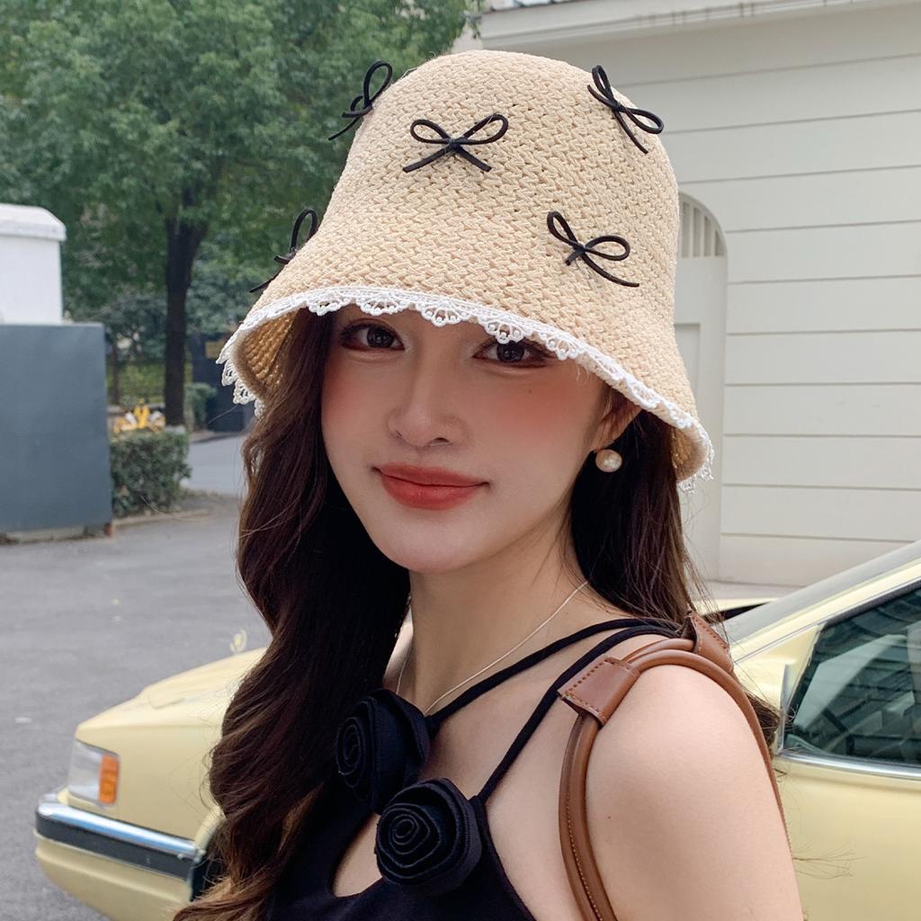 New Hollow Bucket Hat Women's Summer Breathable Sunscreen Hat Sweet Bow Sunshade Bucket Hat