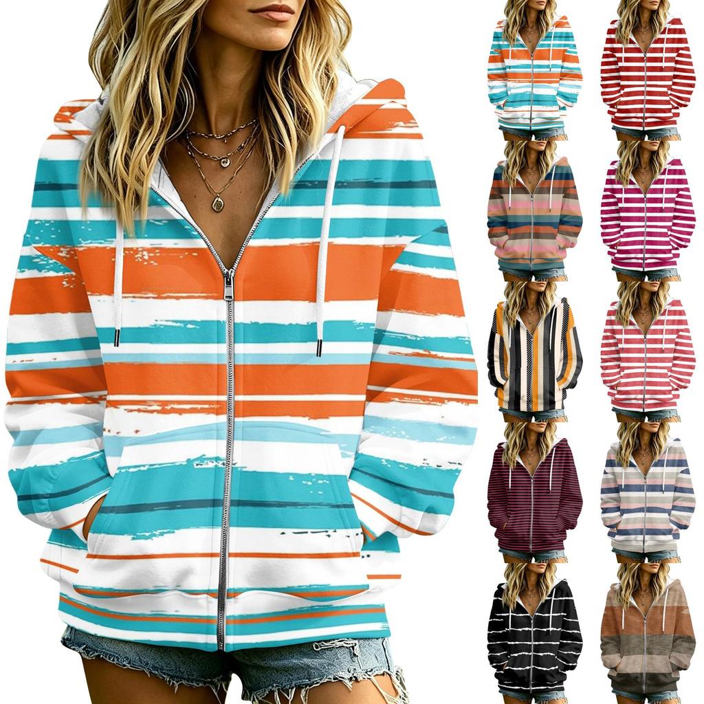 Women's Casual Striped Print Long Sleeve Hooded Jacket with and Pockets