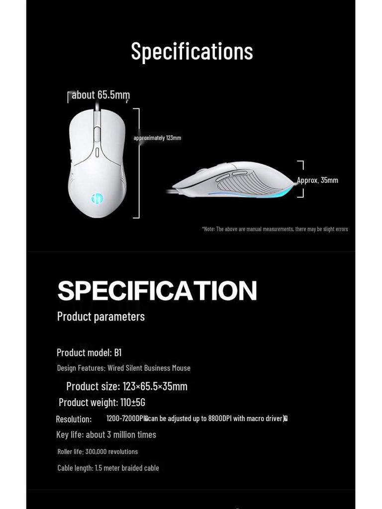 Gaming Office Mouse - 6-Button Macro with 8800 DPI Variable Speed, Luminous, Frosted Wired Design, Model P-B1.