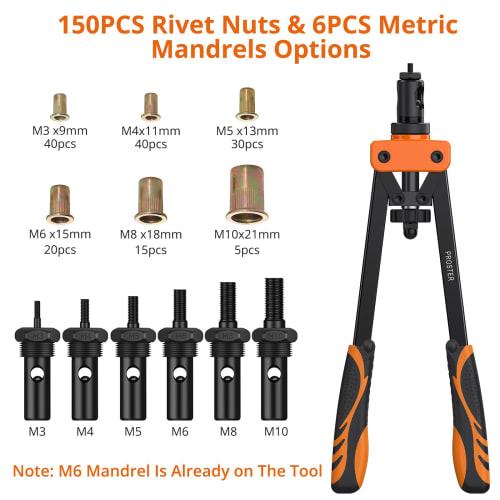 Proster Hand Riveter Set, Two-Handed, Compatible with M3, M4, M5, M6, M8, M10, Etc., Includes 150 Rivet Nuts (Orange)