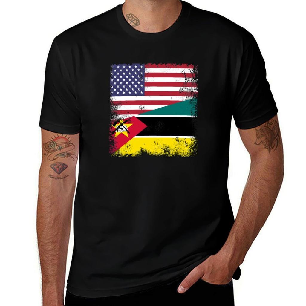 Half Mozambican Flag Design Vintage Mozambique USA Gift TShirt t shirts for man cotton soft man t shirts graphic TShirt